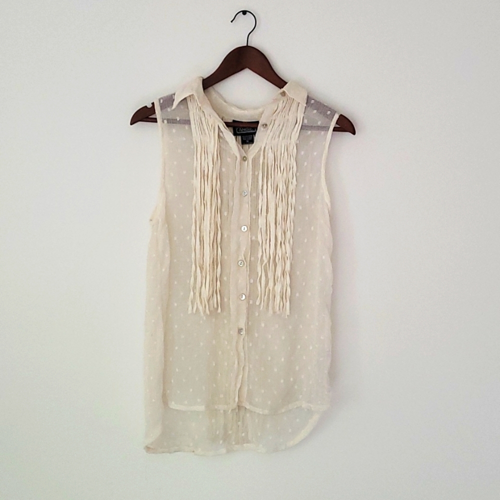 Angie Womens Cream Fringe Open Back Sleeveless Top Medium